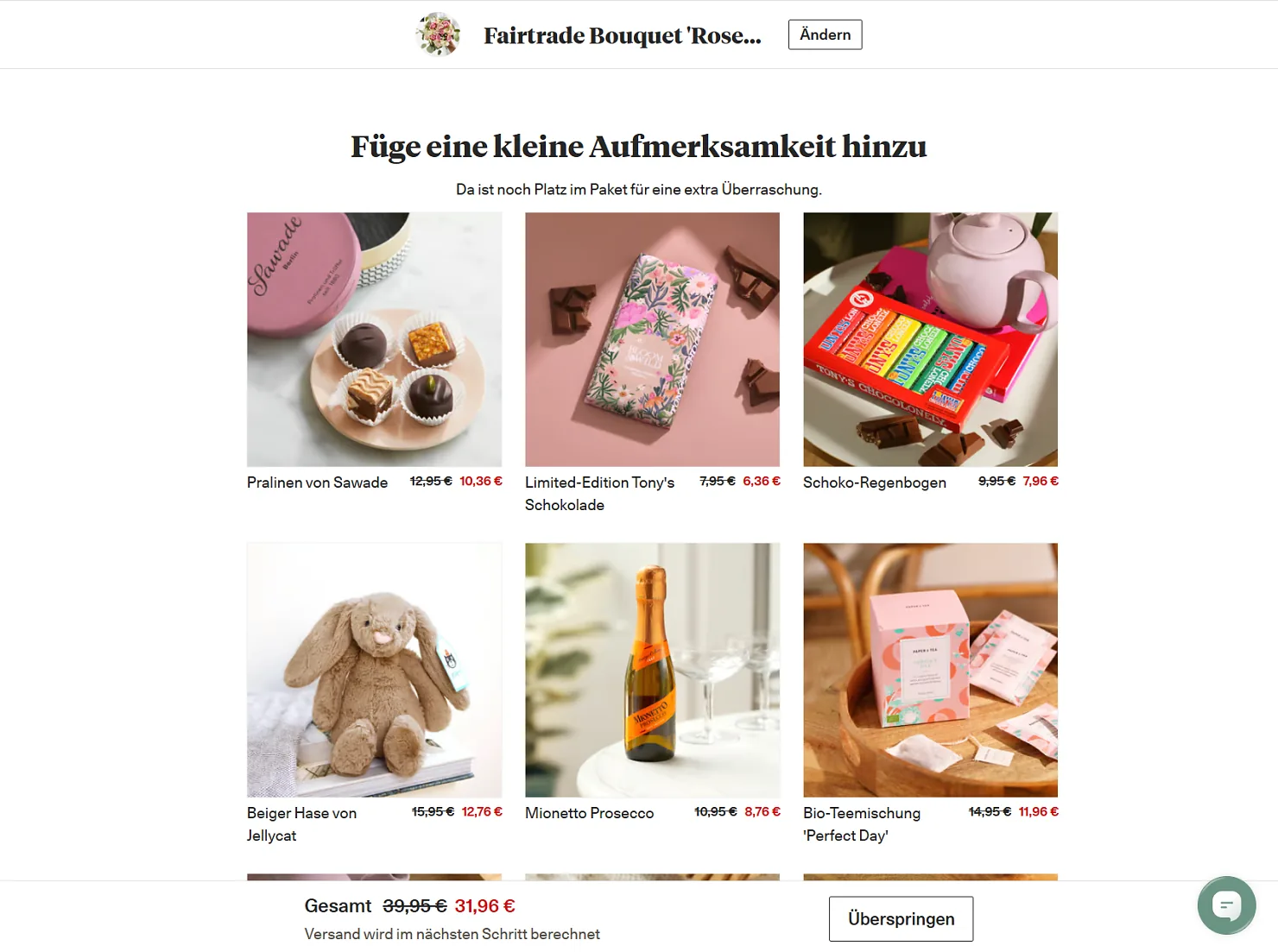 Bloom & Wild Bestellschritt Füge eine kleine Aufmerksamkeit hinzu mit Pralinen, Schokolade, Prosecco und Stoffhase