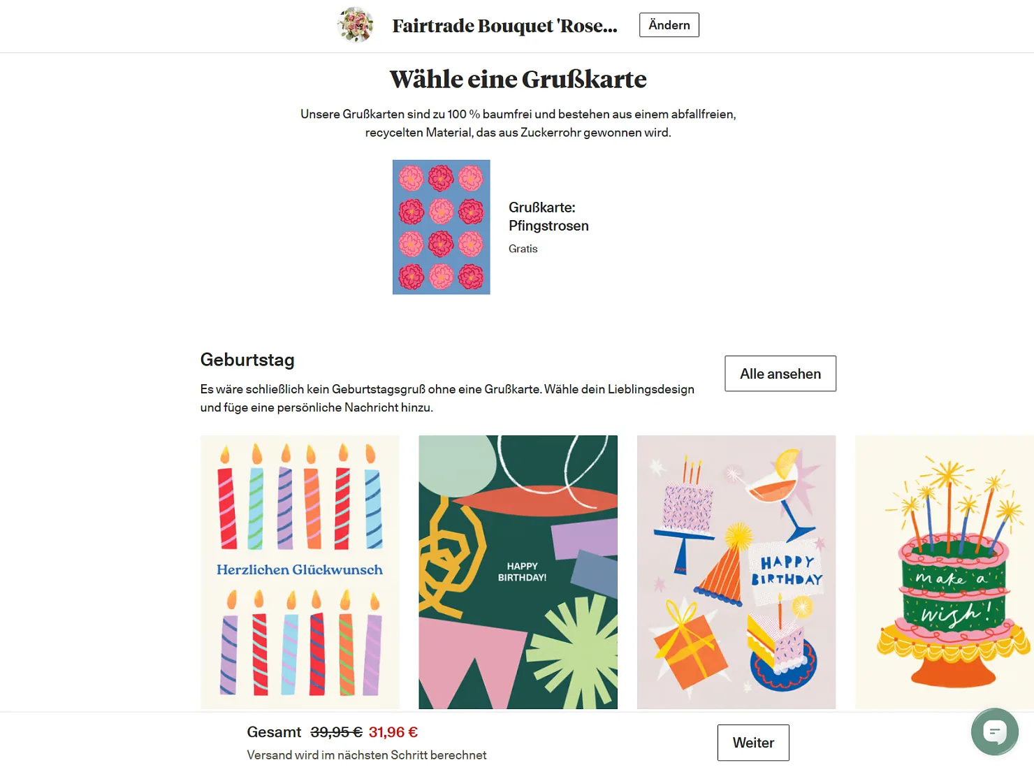 Bloom & Wild Bestellschritt Wähle eine Grußkarte mit der Gratis-Karte Pfingstrosen und weiteren Motiven