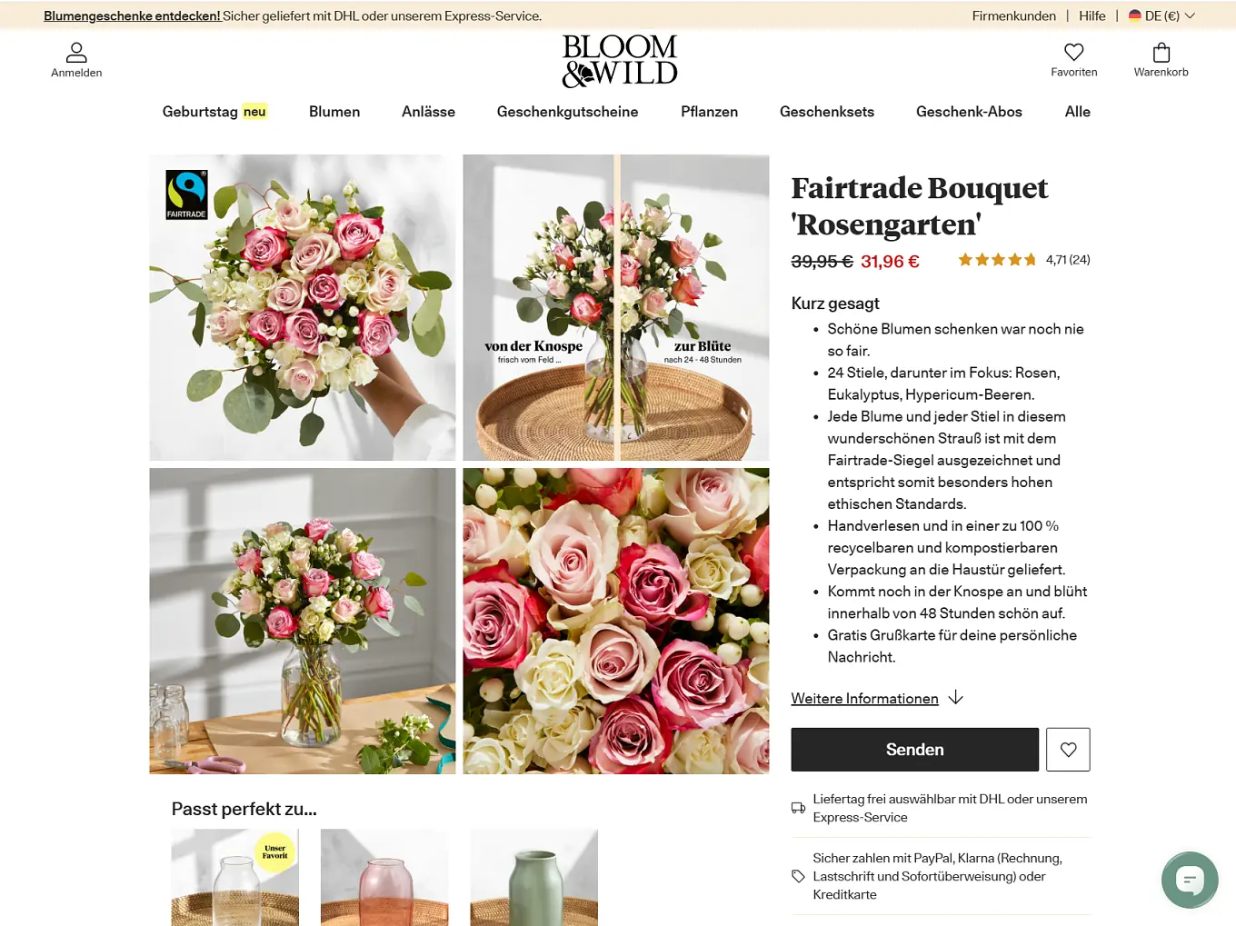 Bloom & Wild Produktseite Fairtrade Bouquet Rosengarten mit Fotos, Preis und kurzer Beschreibung
