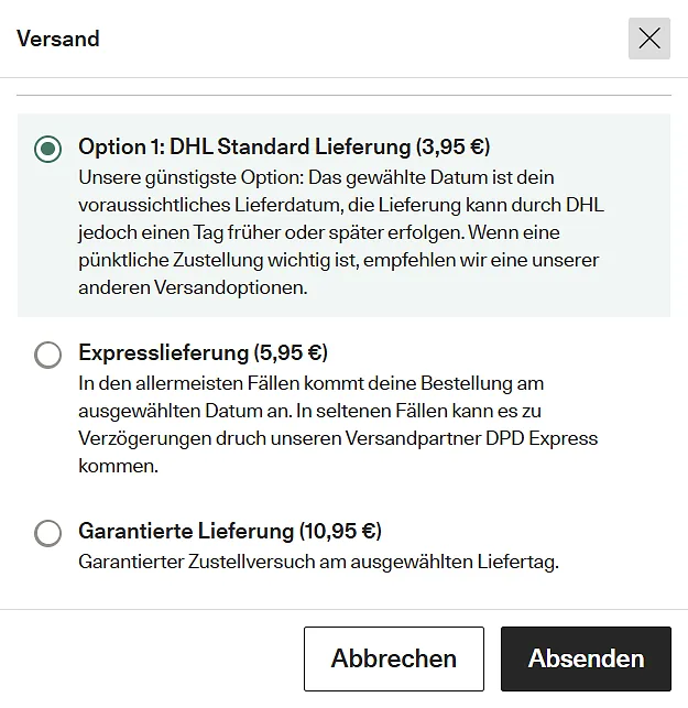 Auswahl der Versandart bei Bloom & Wild: DHL Standard 3,95 €, Expresslieferung 5,95 €, garantierte Lieferung 10,95 €