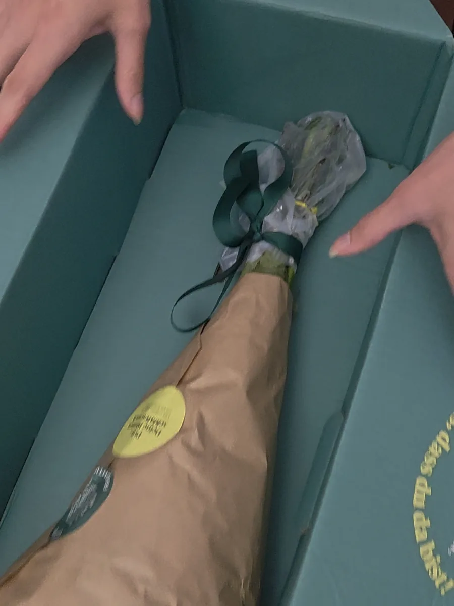 Geöffneter Bloom & Wild Karton, innen dunkelgrün, der Strauß in Packpapier mit grüner Schleife festgebunden
