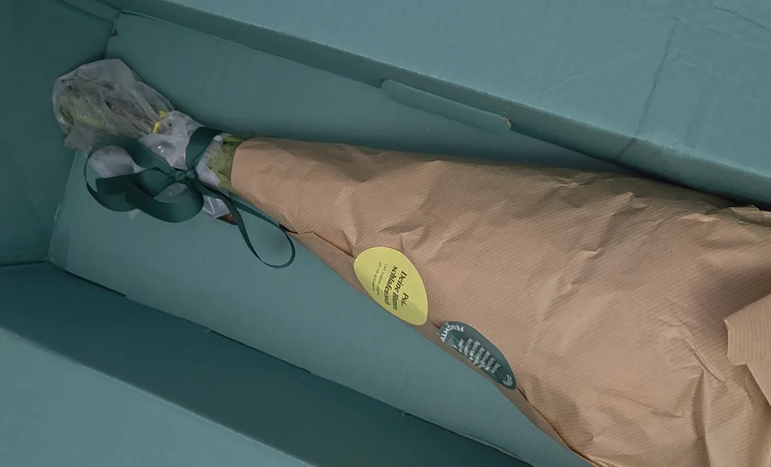 Geöffneter Bloom & Wild Karton von oben, innen dunkelgrün, der Strauß in Packpapier mit dunkelgrüner Schleife