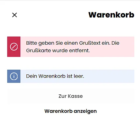 Fehlermeldung im Bloomy Days Warenkorb: Grußkarte entfernt, Warenkorb leer
