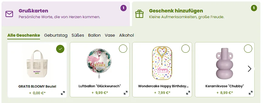 Bloomy Days Produktseite mit Geschenk-Auswahl, darunter gratis Bloomy Beutel, Luftballon, Kuchen und Keramikvase