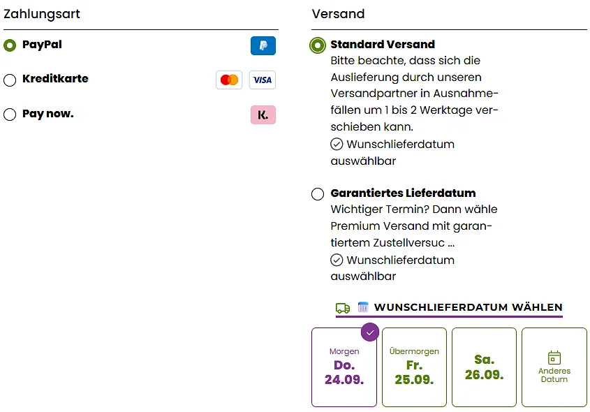 Bloomy Days Kasse mit Zahlungsarten PayPal, Kreditkarte und Klarna sowie Auswahl zwischen Standardversand und garantiertem Lieferdatum