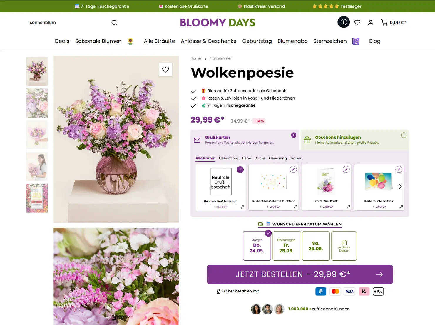 Bloomy Days Produktseite Wolkenpoesie mit Preis 29,99 €, Auswahl der Grußkarte und Wunschlieferdatum