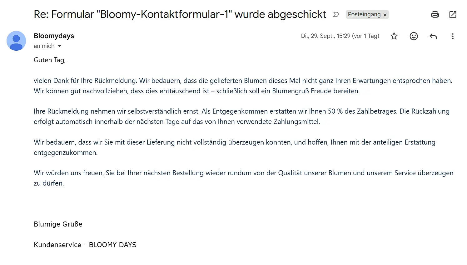 Antwort des Bloomy Days Kundenservice auf unsere Reklamation mit dem Angebot, 50 % des Zahlbetrags zu erstatten