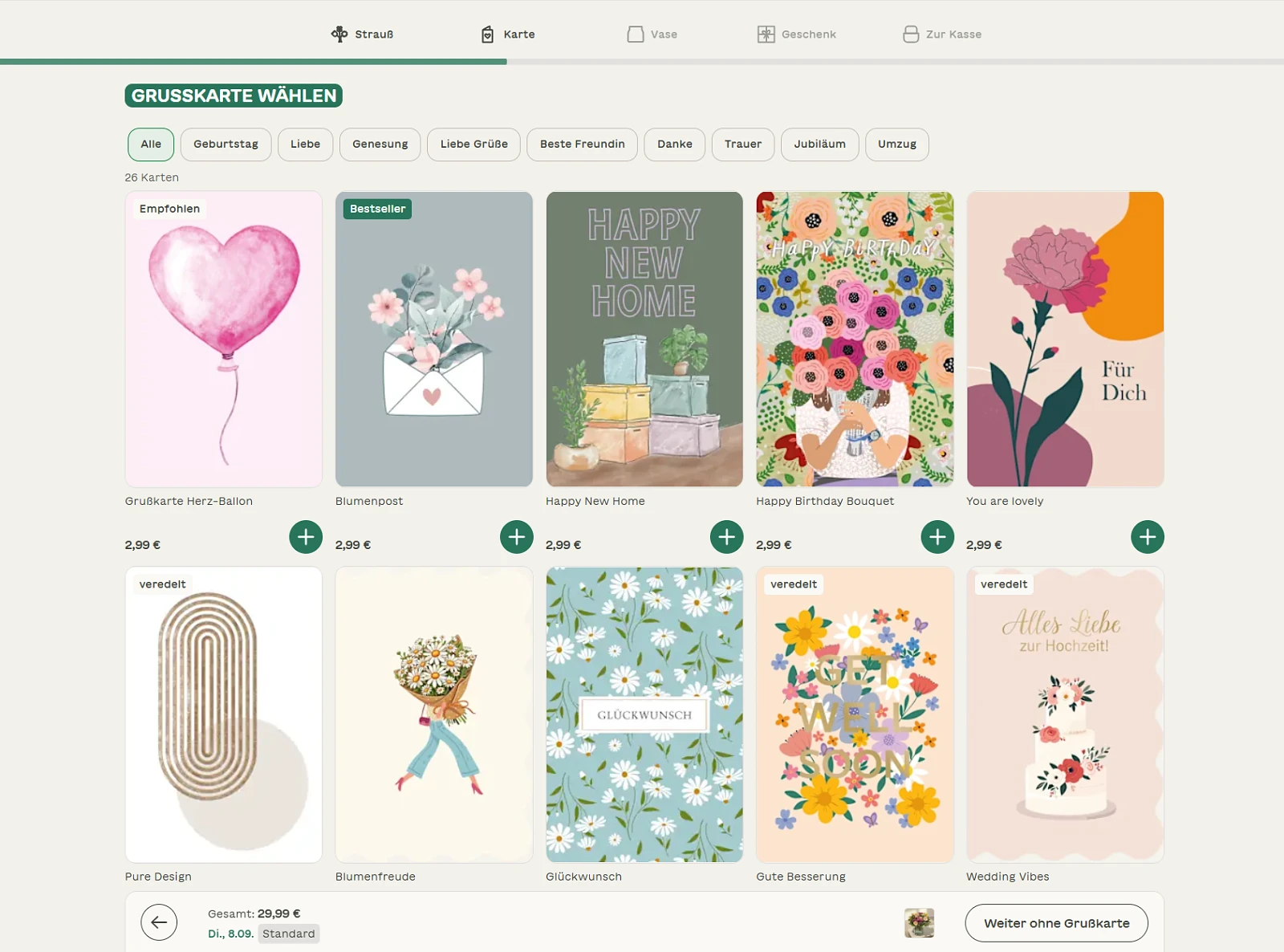 BLUME2000 Grußkarten-Auswahl im Bestellprozess, Motivkarten ab 2,99 €