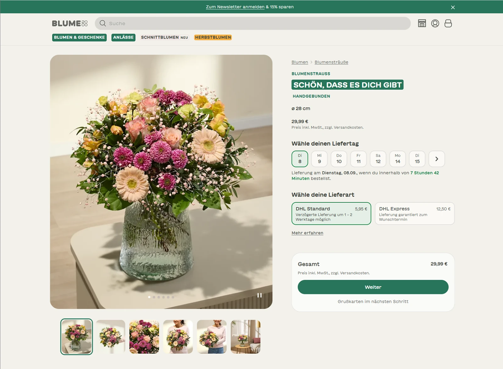 BLUME2000 Produktseite im Bestellprozess mit Liefertag-Auswahl, DHL Standard 5,95 € und DHL Express 12,50 €