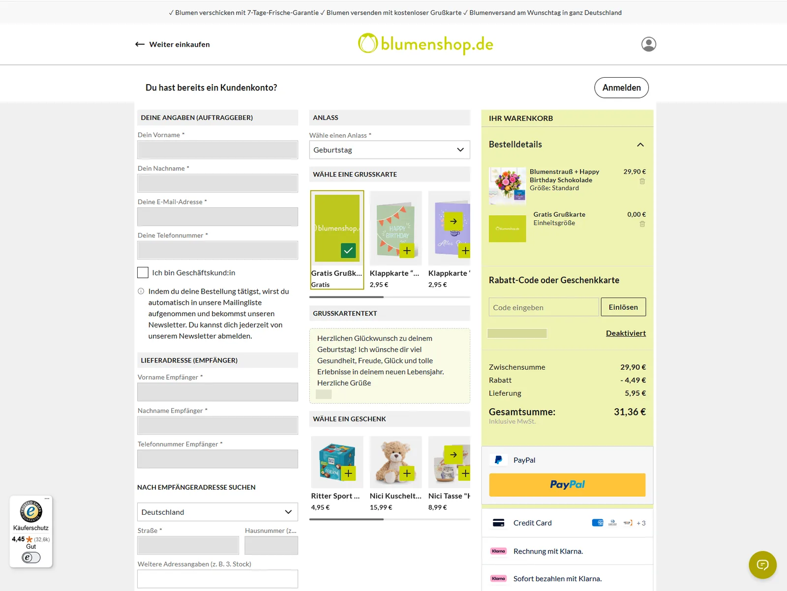 blumenshop.de Kasse mit Anlass-Auswahl, gratis Grußkarte, Grußkartentext und Warenkorb mit 15 % Rabatt, Gesamtsumme 31,36 €