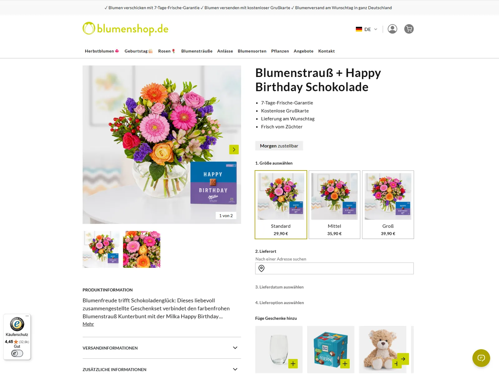 blumenshop.de Produktseite mit Größenauswahl Standard 29,90 €, Mittel 35,90 € und Groß 39,90 €