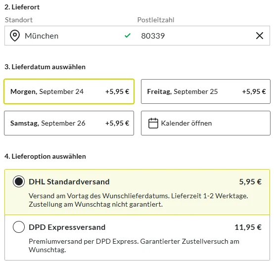 blumenshop.de Produktseite mit Lieferort München, Lieferdatum und Auswahl zwischen DHL Standardversand 5,95 € und DPD Expressversand 11,95 €