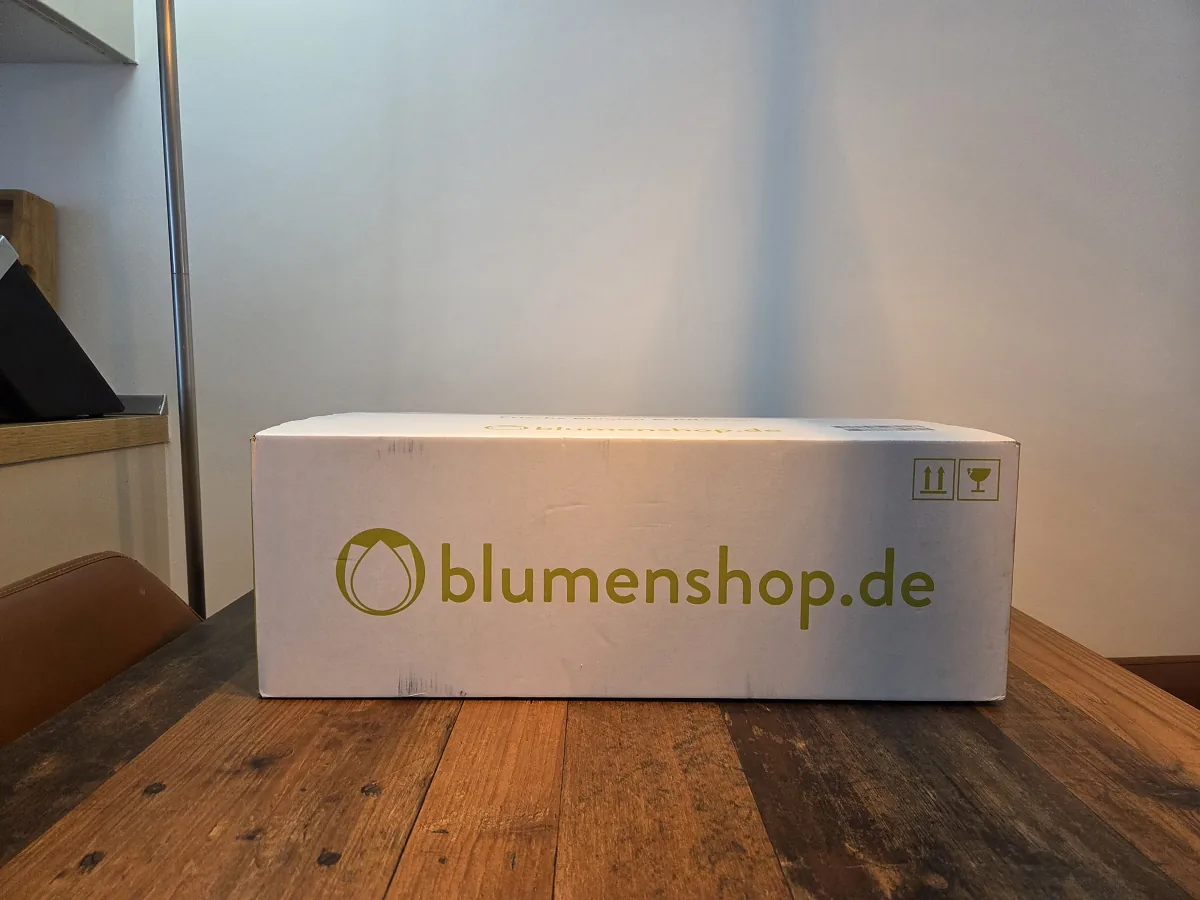 blumenshop.de Versandkarton aus dem Testkauf, weiß mit grünem Logo