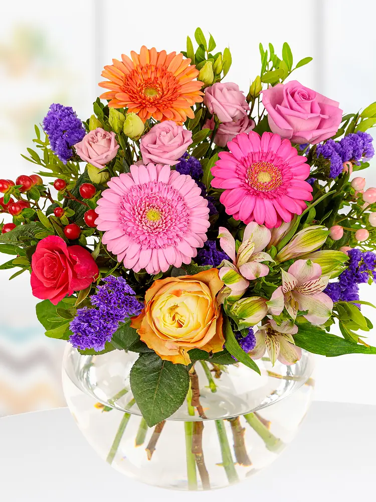 blumenshop.de Produktfoto Blumenstrauß Kunterbunt im Shop, bunt mit Orange, Pink und Rot