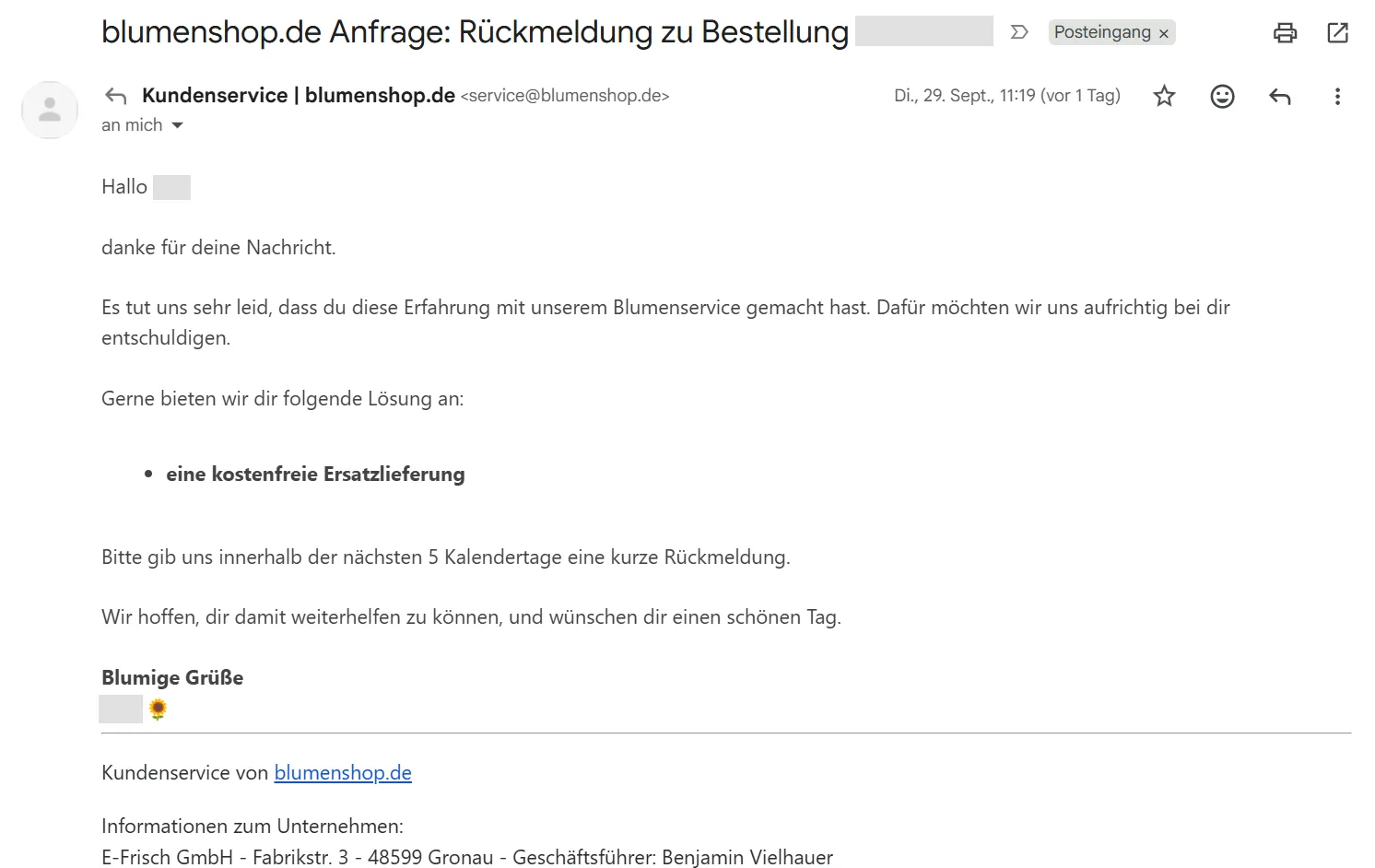 Antwort des blumenshop.de Kundenservice auf unsere Reklamation mit dem Angebot einer kostenfreien Ersatzlieferung
