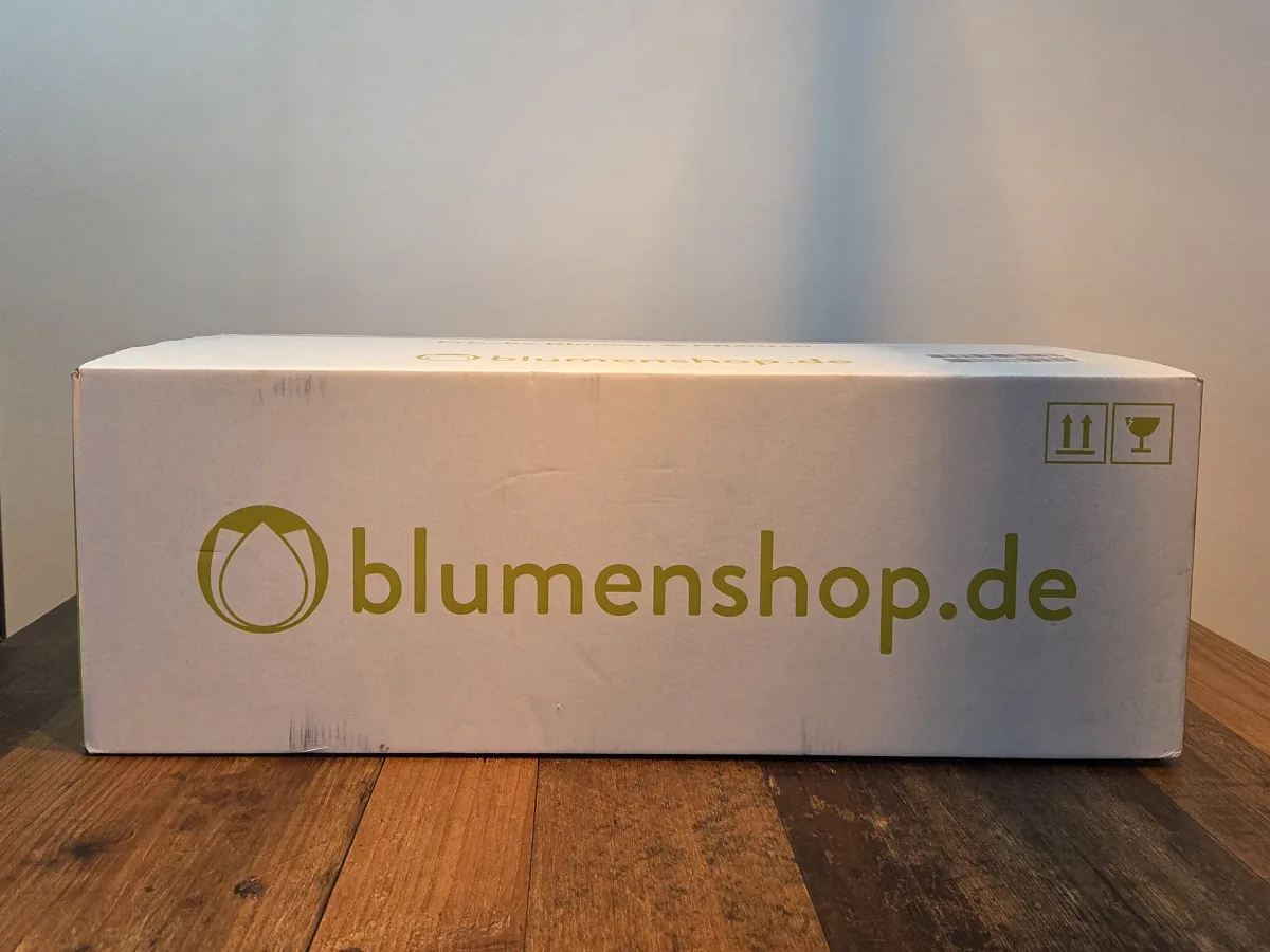 blumenshop.de Versandkarton aus dem Testkauf, weiß mit grünem Logo