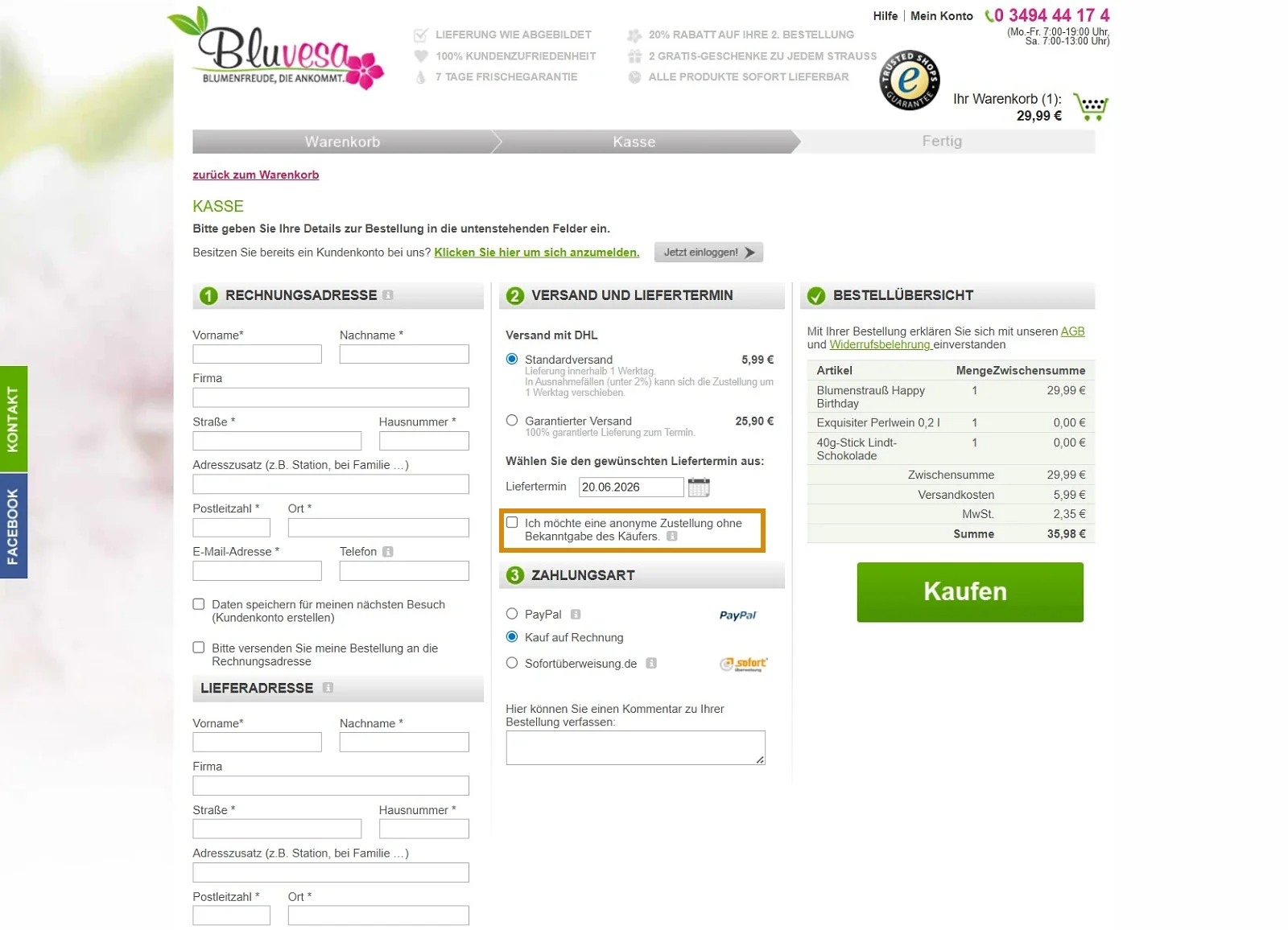 Bluvesa Bestellprozess Schritt 2 mit orange hervorgehobenem Kontrollkästchen für die anonyme Zustellung