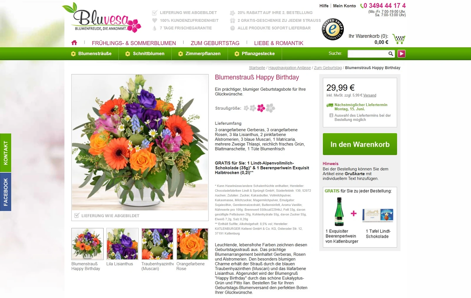 Bluvesa Bestellprozess: Produktseite Strauß Happy Birthday mit Preis, Lieferumfang und nächstmöglichem Liefertermin