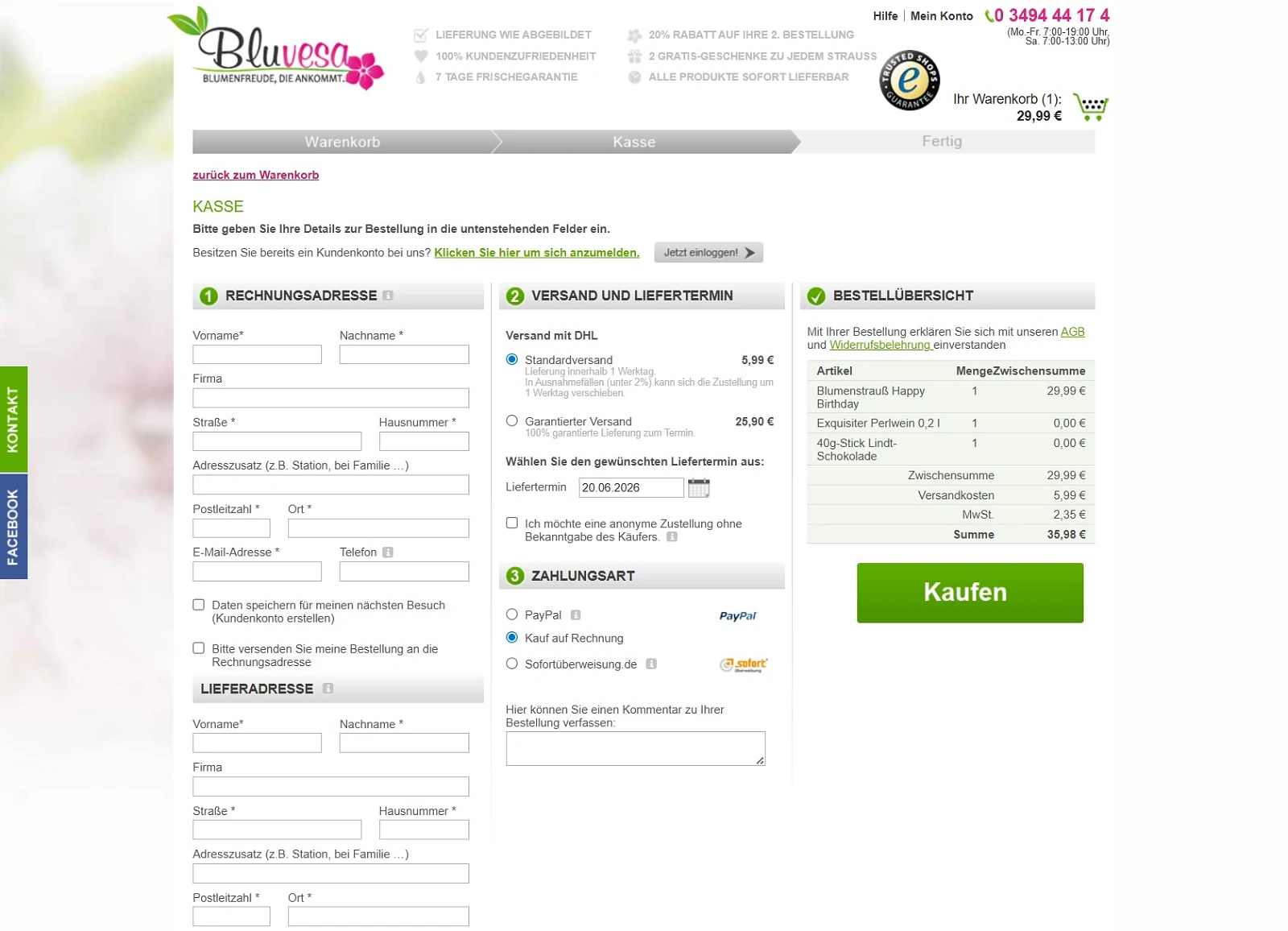 Bluvesa Kasse mit Auswahl der Versandart, Kalender für den Liefertermin, anonymer Zustellung und Zahlungsarten