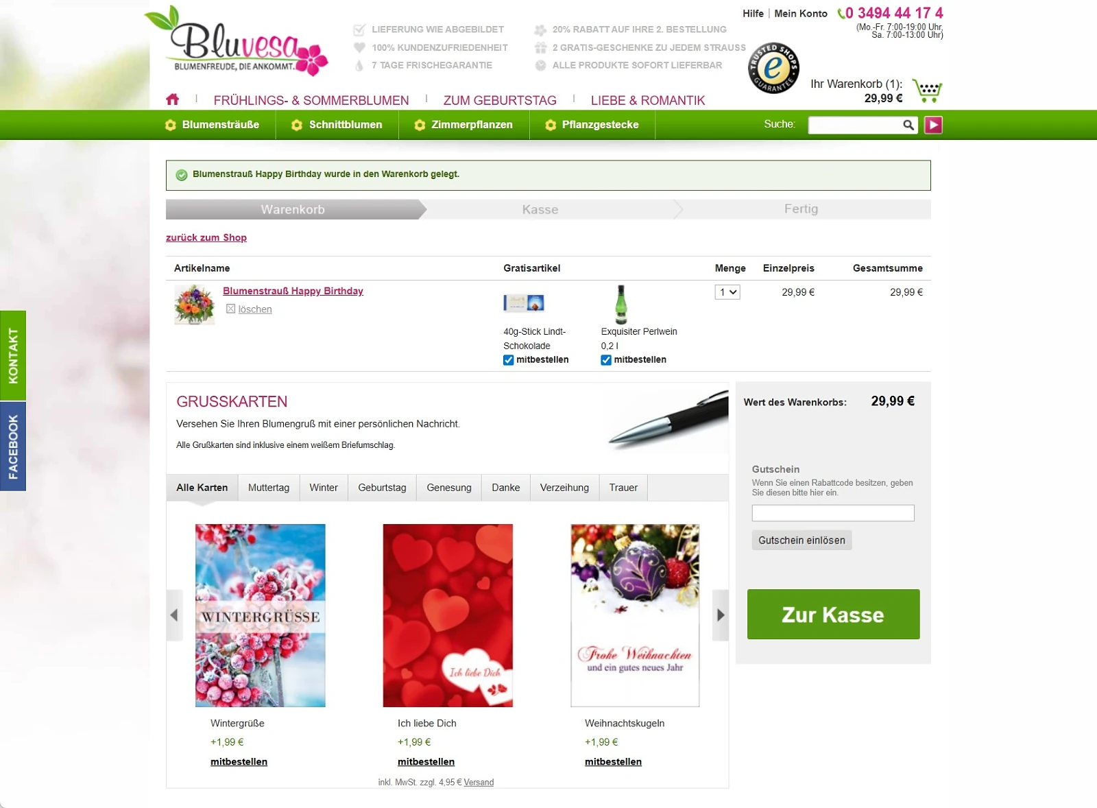 Bluvesa Grußkarten-Auswahl im Warenkorb mit verschiedenen Motiven und Feld für den persönlichen Text