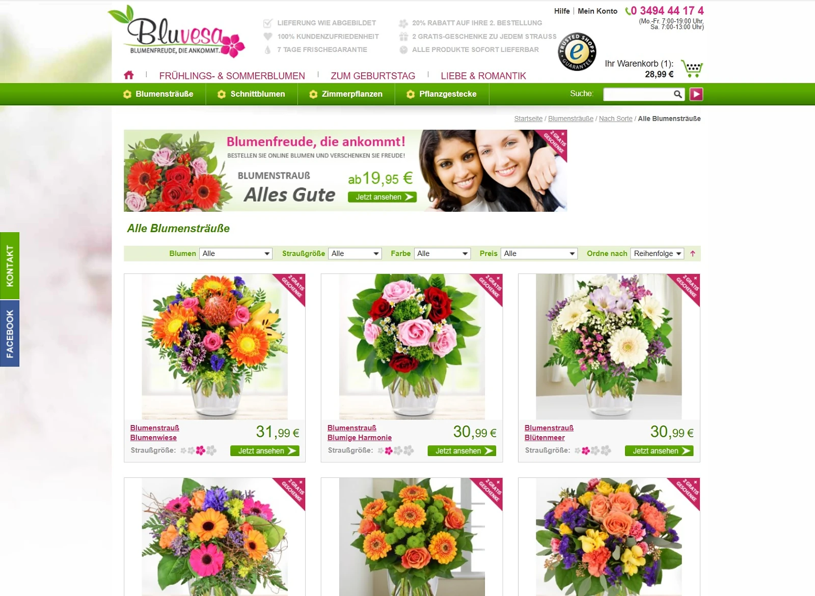 Bluvesa Startseite im Bestellprozess: Kategorien für Anlässe und Filter nach Blumenart, Größe, Farbe und Preis