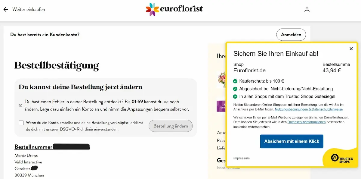 Euroflorist Bestellbestätigung mit Trusted Shops Käuferschutz