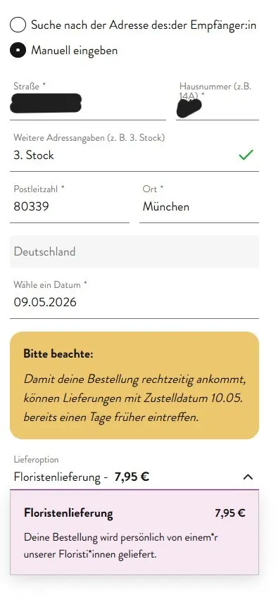 Euroflorist Bestellprozess: Liefertermin und Adresse eingeben