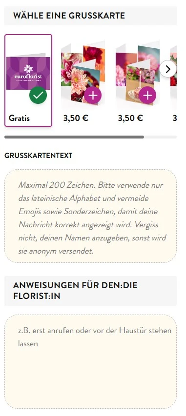 Euroflorist Karten-Auswahl: Gratis-Standardkarte und Premium-Karten