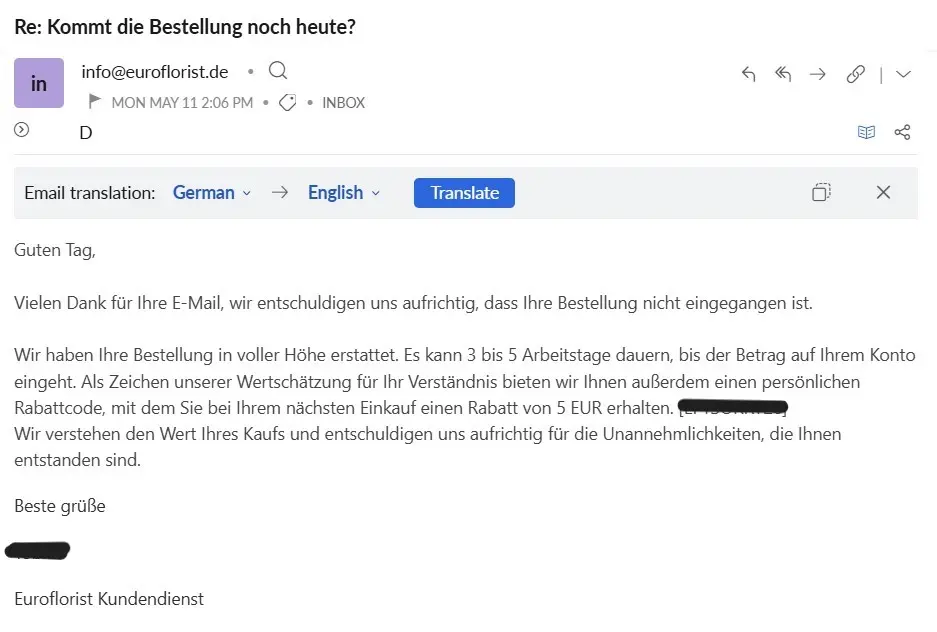 Euroflorist Kundenservice-Antwort vom Montag, 11.5.: volle Rückerstattung der Strauß-Summe und ein 5-Euro-Gutschein für die nächste Bestellung