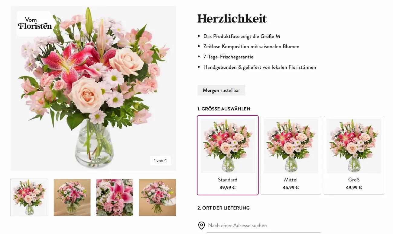 Euroflorist Strauß Herzlichkeit am Peak-Tag, Tigerlilien voll geöffnet, apricot Gartenrose, Chrysanthemen und Wachsblumen