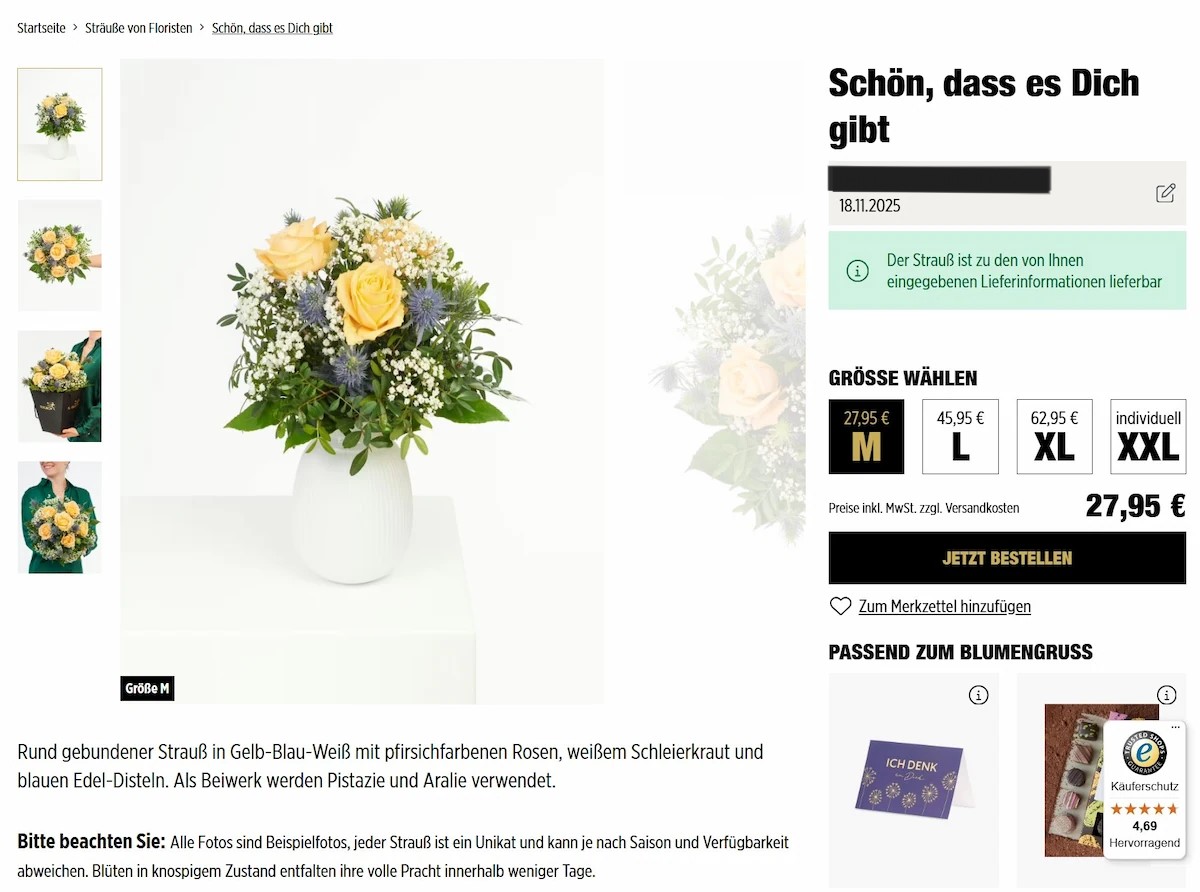 Fleurop Strauß-Auswahl im Bestellprozess: vier Größen von M bis XXL mit Preisen und Lieferbarkeits-Check zum Wunschtermin
