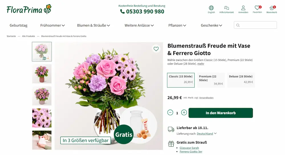 FloraPrima Strauß Freude im Bestellprozess: Größenauswahl Classic, Premium, Deluxe mit gratis Glasvase und Ferrero Giotto