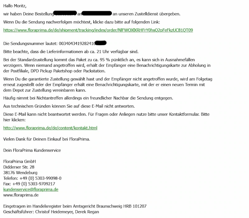FloraPrima Versandbestätigung mit DHL-Tracking-Link und Hinweis zur 95-Prozent-Pünktlichkeit