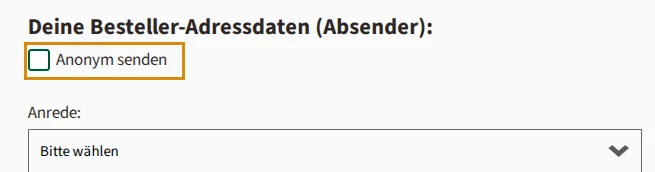 FloraPrima Bestellprozess: Kontrollkästchen Anonym senden über den Besteller-Adressdaten, orange hervorgehoben