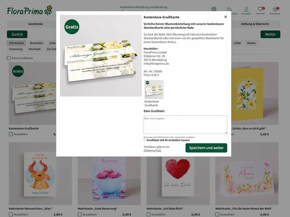 FloraPrima Grußkartenauswahl im Bestellprozess, kostenlose Standardkarte und Motivkarten gegen Aufpreis