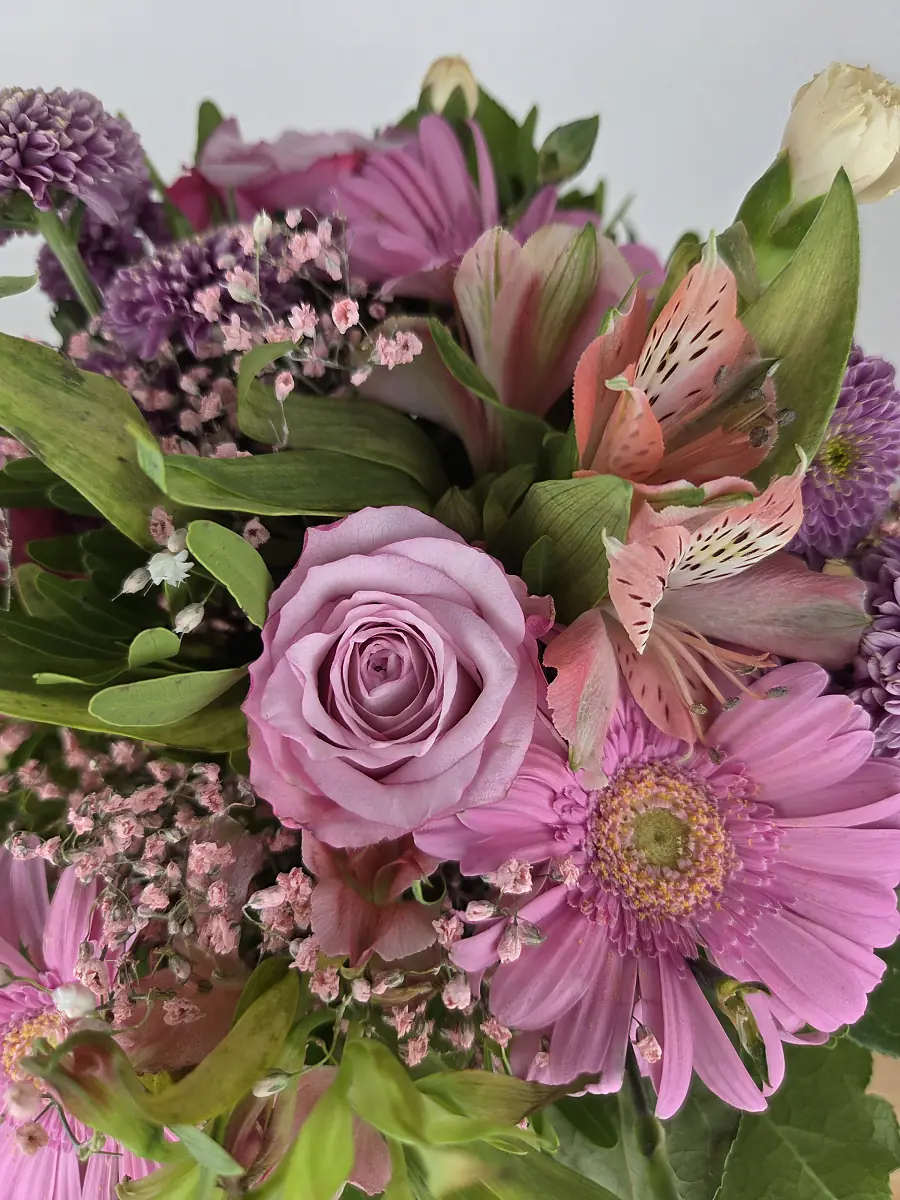 Nahaufnahme BLUME2000 Strauß an Tag 7: verblaute Rose in Mauve, geöffnete Alstromerien und Gerbera