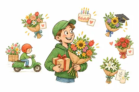 Illustration: Blumenbote mit Strauß und Geschenk, umgeben von Sträußen für Geburtstag, Liebe, Abschluss und Trauer