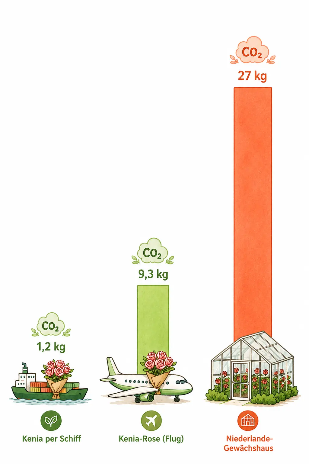 CO2-Vergleich Rosenstrauss: Kenia per Schiff 1,2 kg, Kenia per Flug 9,3 kg, Gewaechshaus Niederlande 27 kg