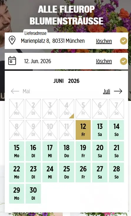 Fleurop-Bestellmaske auf dem Handy: Lieferadresse und Wunschdatum eingegeben, der Kalender markiert die lieferbaren Tage