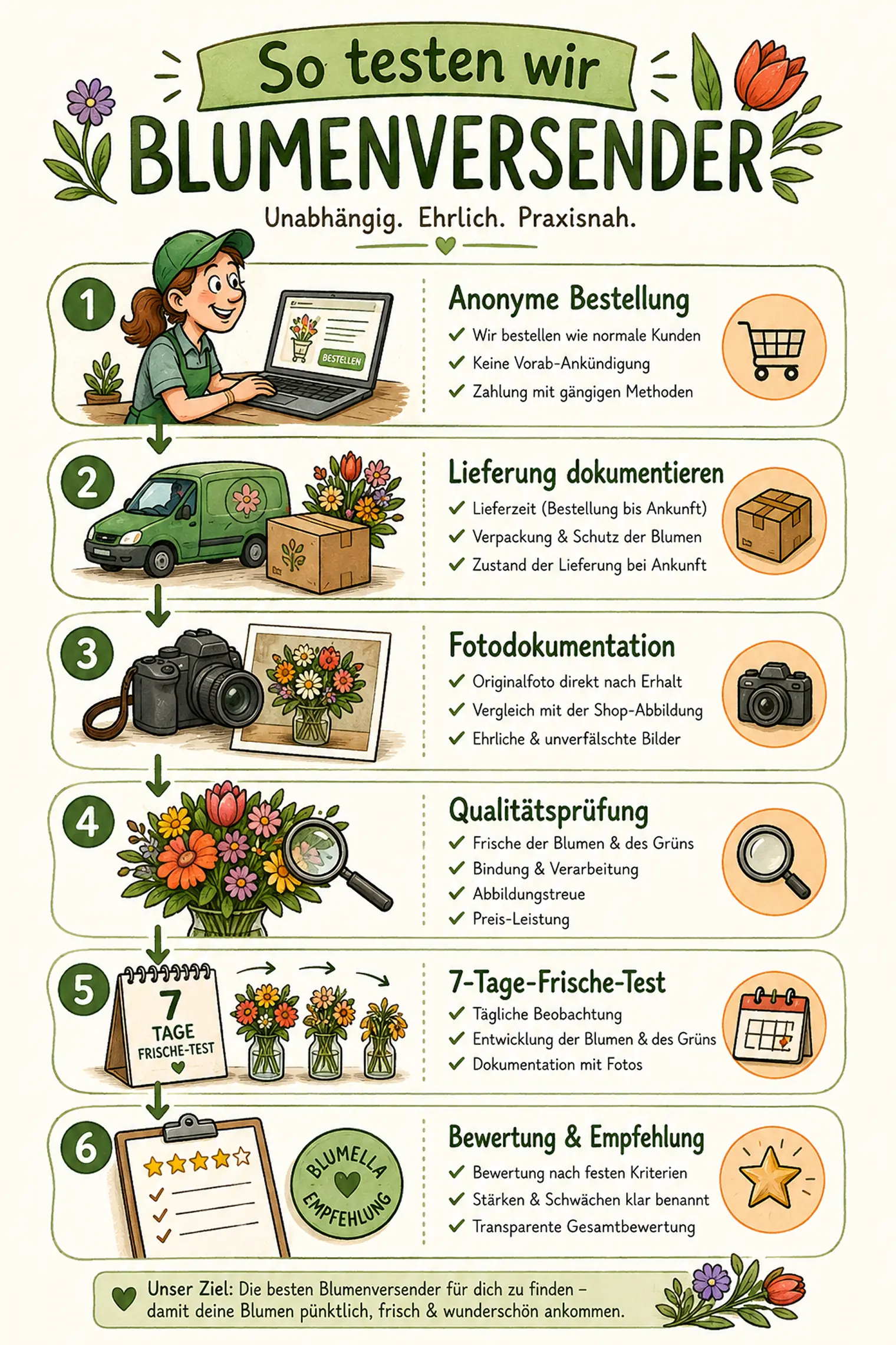 Infografik: So testet Blumella Blumenversender in 6 Schritten – anonyme Bestellung, Lieferung dokumentieren, Fotodokumentation, Qualitätsprüfung, 7-Tage-Frische-Test, Bewertung und Empfehlung.