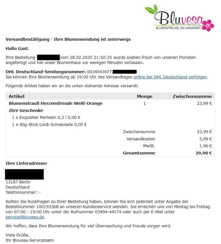 Screenshot Bluvesa E-Mail mit Sendungsverfolgung