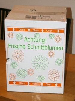 Der ungeöffnete Flotte-Blumen-Karton mit Aufdruck Achtung Frische Schnittblumen